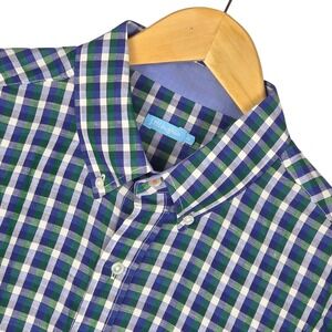 J McLaughlin Mens‎ Long Sleeve Shirt Medium Blue Green Gingham Linen Cotton